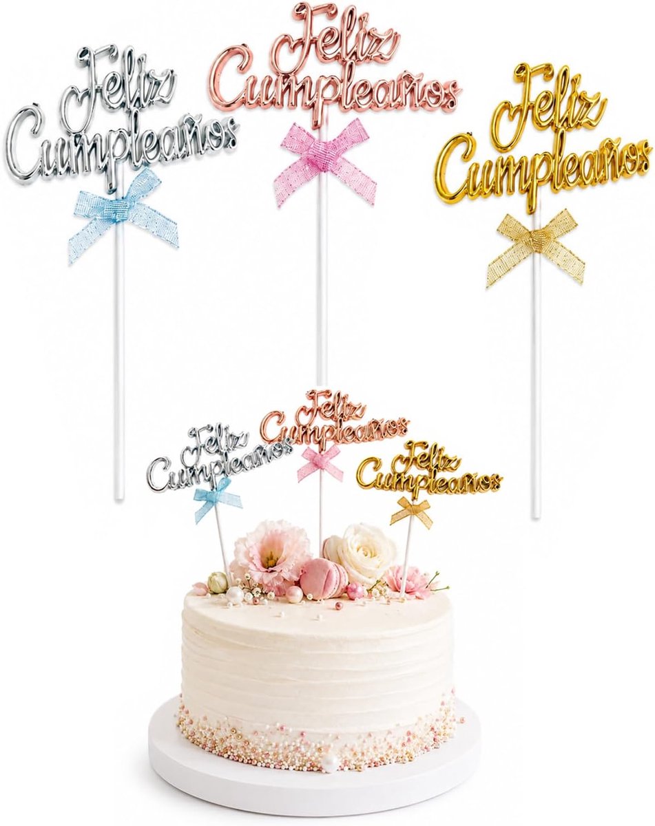 3 stuks Happy Birthday taartdecoratie – Feliz Cumpleaños in het Spaans, acryl taartdecoratie goud, zilver, roségoud, taarttopper, verjaardag voor feest en jubileum