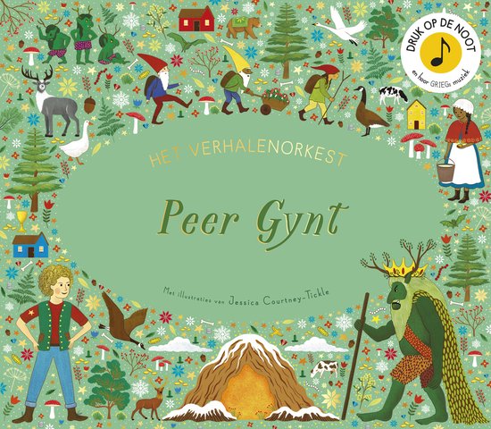 Boekomslag van Peer Gynt met kleurrijke illustraties van het verhaal en de titel.