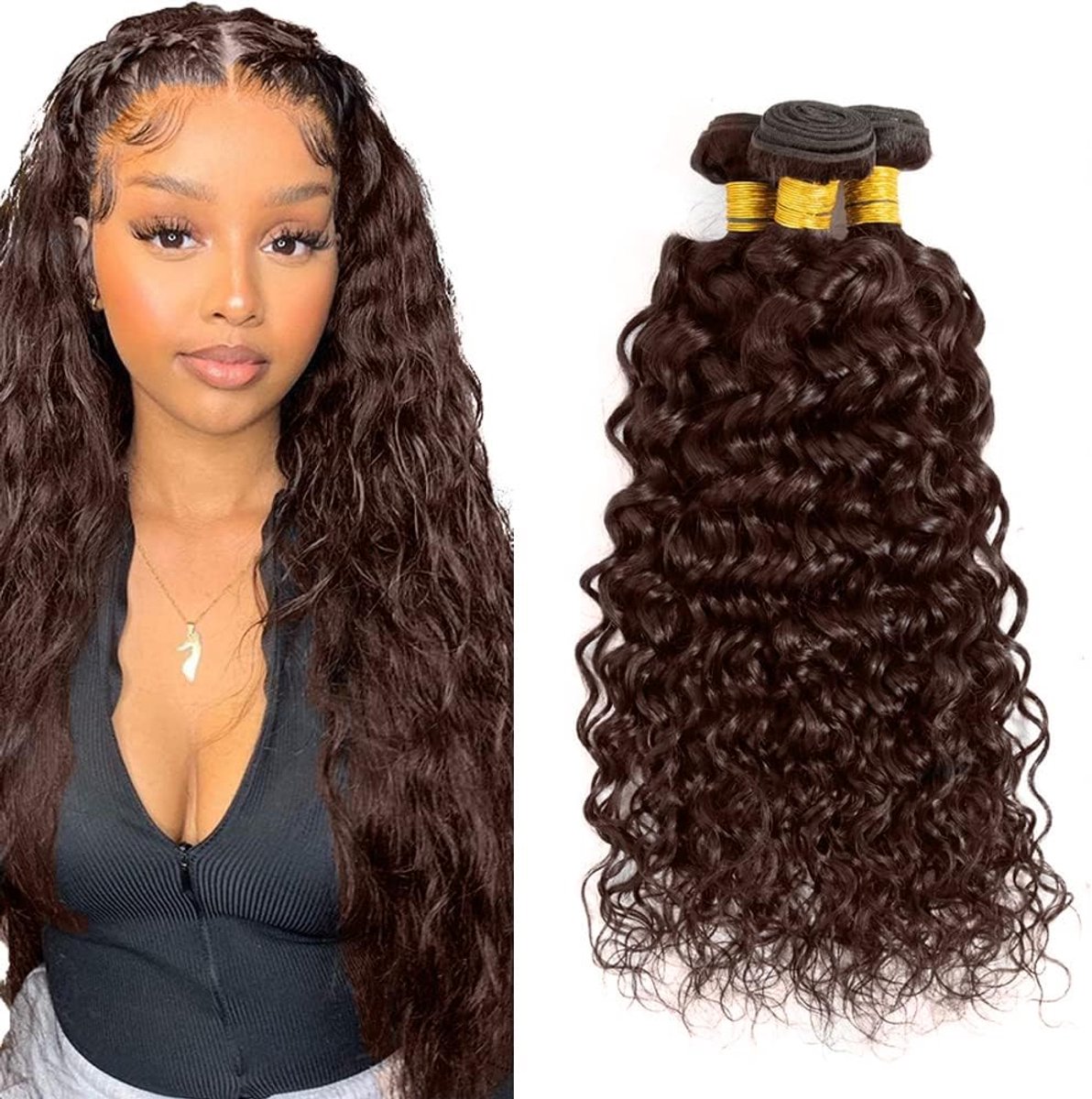 30 32 34 Inch Bundles Human Hair Extension Water Wave menselijk haar Bundles Unprocessed Brazilian Virgin Hair #4 Chocolate Brown Minimal detachment For Women 3 Bundles Total 150g