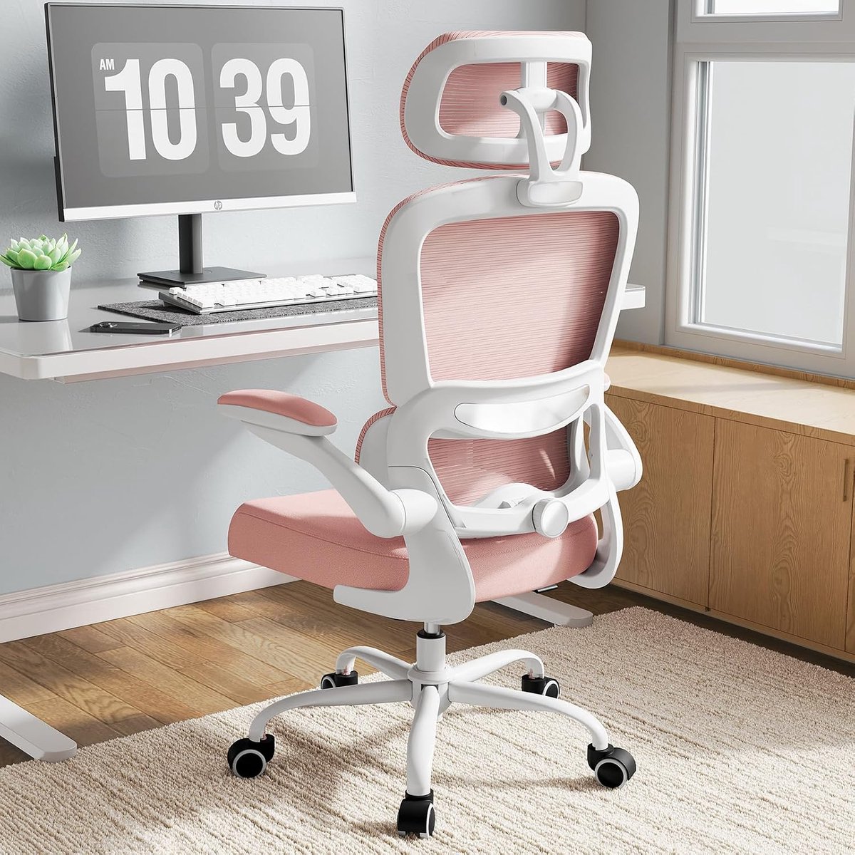 Bureaustoel, ergonomisch, bureaustoel met verstelbare lendensteun, hoofdsteun, gamingstoel, bureaustoel, thuiskantoor, ergonomisch, 150 kg, voor grote mensen, roze