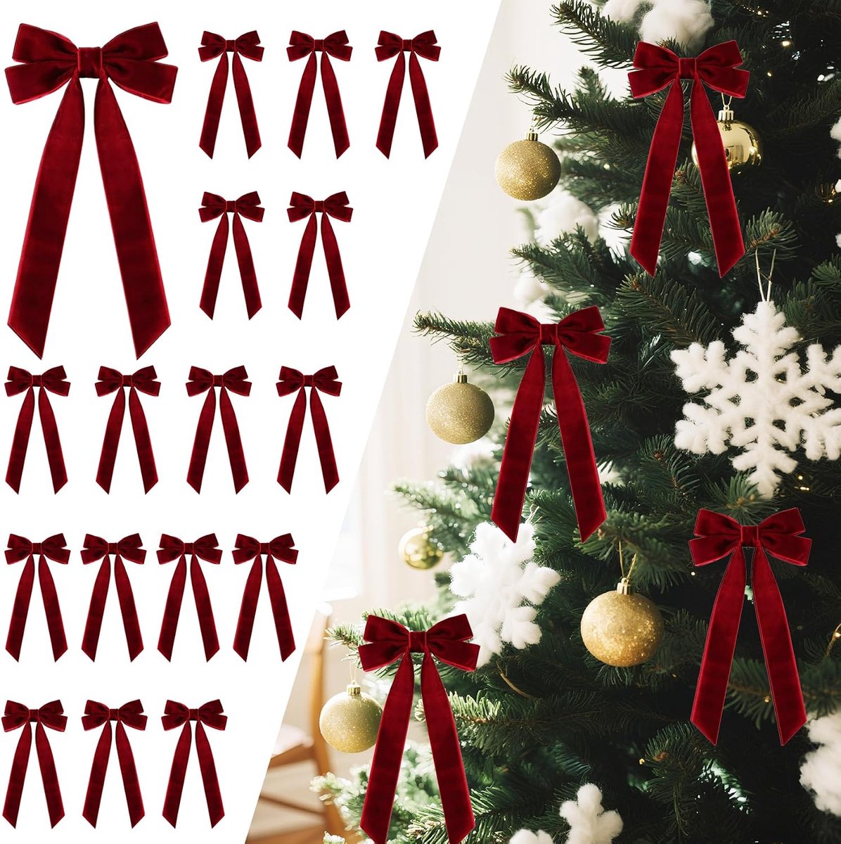 Kerstboomversiering, 8 stuks bordeauxrode fluwelen strikken, 26 x 13 x 2,5 cm, bourgondische vintage fluwelen strik, kerstfeest decoraties