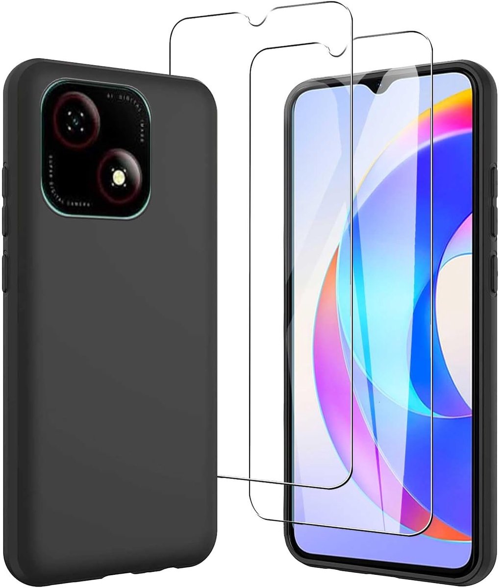 Compatibel met ZTE Blade A35E (6,52 inch) zwart | en 2 stuks displaybeschermfolie van gehard glas, zwarte zachte siliconen beschermhoes, TPU-beschermhoes, zwart