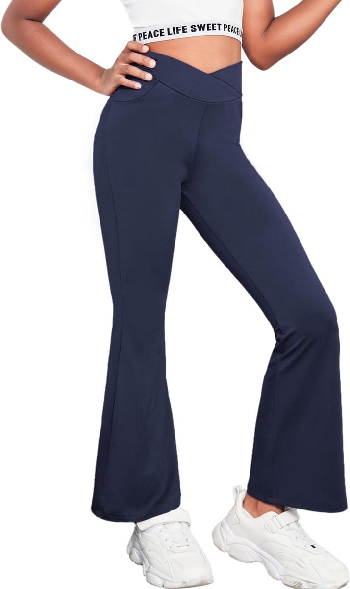 Flared leggings voor meisjes, broek met hoge taille, sportbroek voor yoga, dansen, hardlopen, plaid, sport, uitlopende broek voor meisjes van 5-14 jaar
