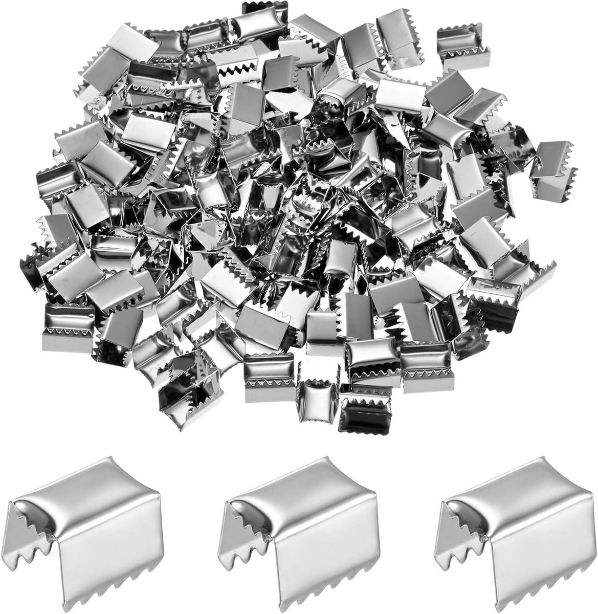 100 stuks vouwbare krimpdoppen, 0,4 x 0,3 in/10 x 7 mm krimpbevestigingsmiddelen linteinden met klemmen voor het maken van sieraden/lederen decoratie/armbanden, riemgesp eindpunt [zilver]