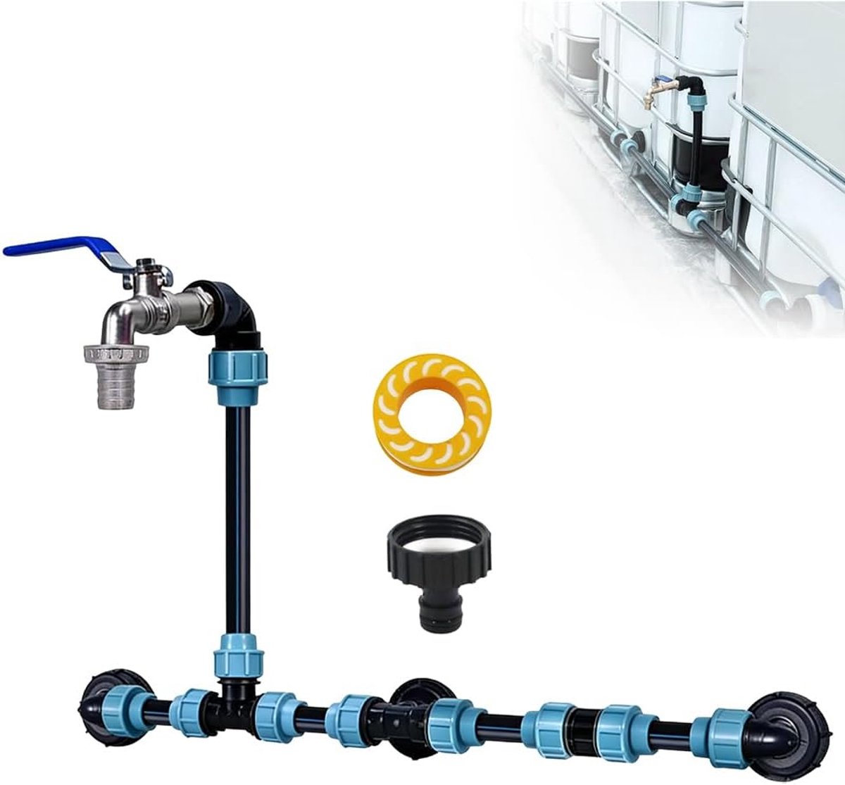Verbindingsset, zwanenhals kraan, tankconnector, complete adapterkit voor het aansluiten van IBC-containers naast elkaar, incl. 3/4" zwanenhals tuin kraan & slangaansluiting