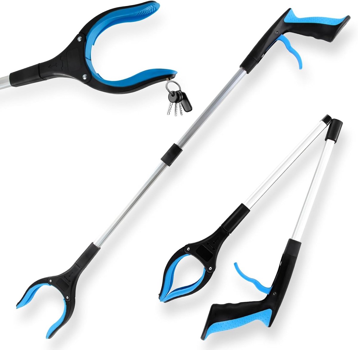 2 stuks opvanggereedschap, 82 cm, telescopische tang van aluminium, met 360 graden draaibare kop, ergonomische handgreep en magnetische bits voor het verzamelen van afval (blauw) (2 stuks
