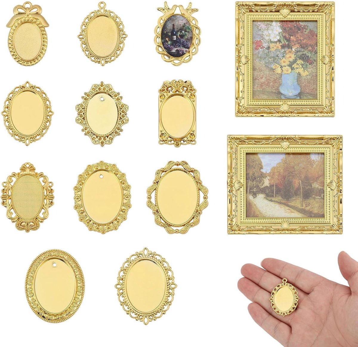 13Pcs Miniatuur Poppenhuis Fotolijsten Mini Metalen Gouden Frames 1:12 Tiny Olieverf Fotolijst Voor Poppenhuis Meubels Accessoires