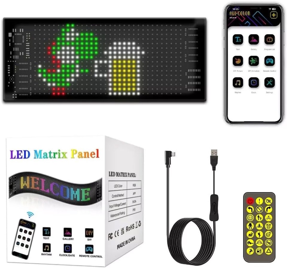 Led-display, personaliseerbaar, RGB, pixel-art, digitaal, programmeerbaar, USB-bord, met bluetooth-bediening, mobiele app voor reclame, handel, auto, woondecoratie, 16 x 32