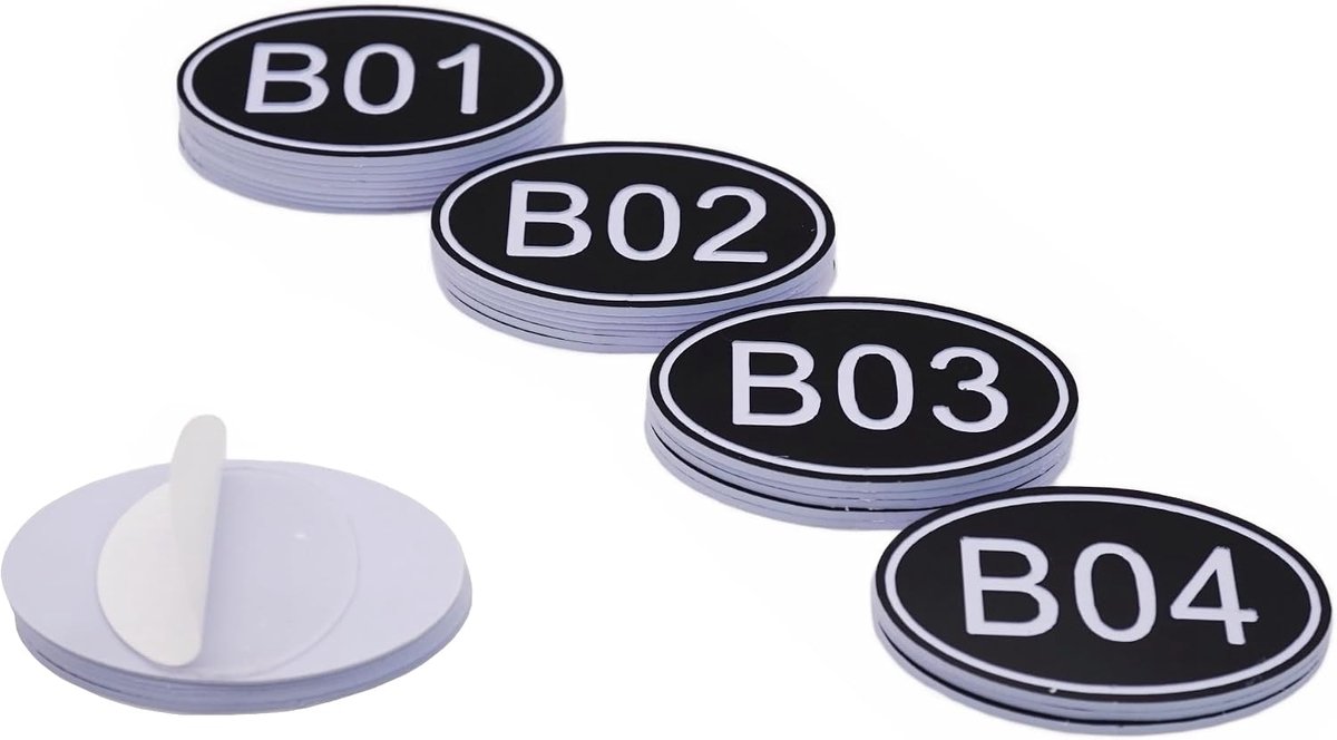 Set van 50 zwarte ovale kluisbordjes met tafelnummers, 30 mm x 50 mm, ABS-kunststof met gegraveerde cijfers, B01 tot B50