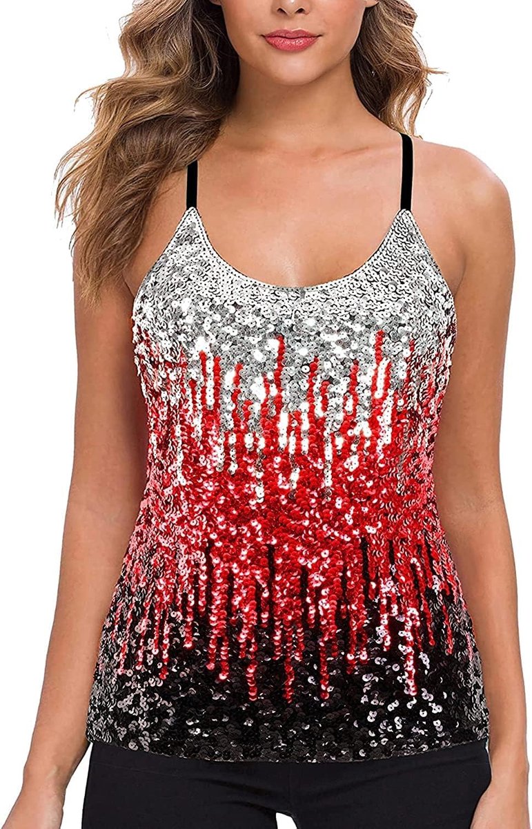 Pailletten tops Glitter tops Sparkle feestvest Mouwloos tuniekvest Dames pailletten tanktop (Rood, S)