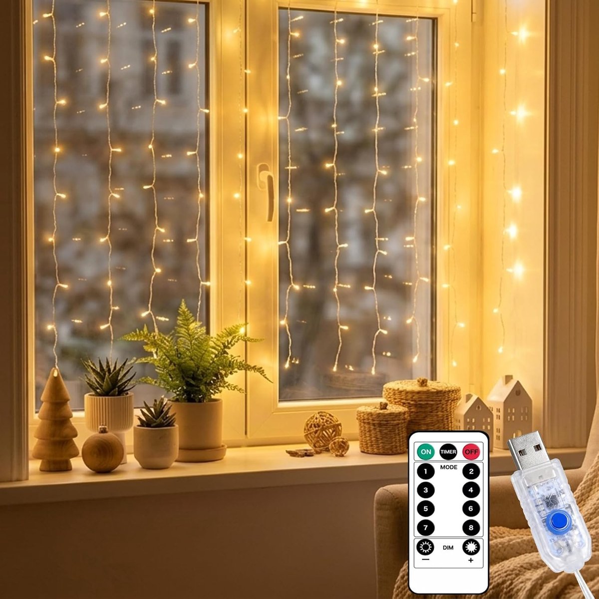 Binnen, 1 x 1 m, USB, 100 leds, warmwit, raamlichtketting, gordijn met afstandsbediening, 8 modi en dimbaar, lichtgordijn voor binnen, voor muur, balkon, slaapkamer, Kerstmis en
