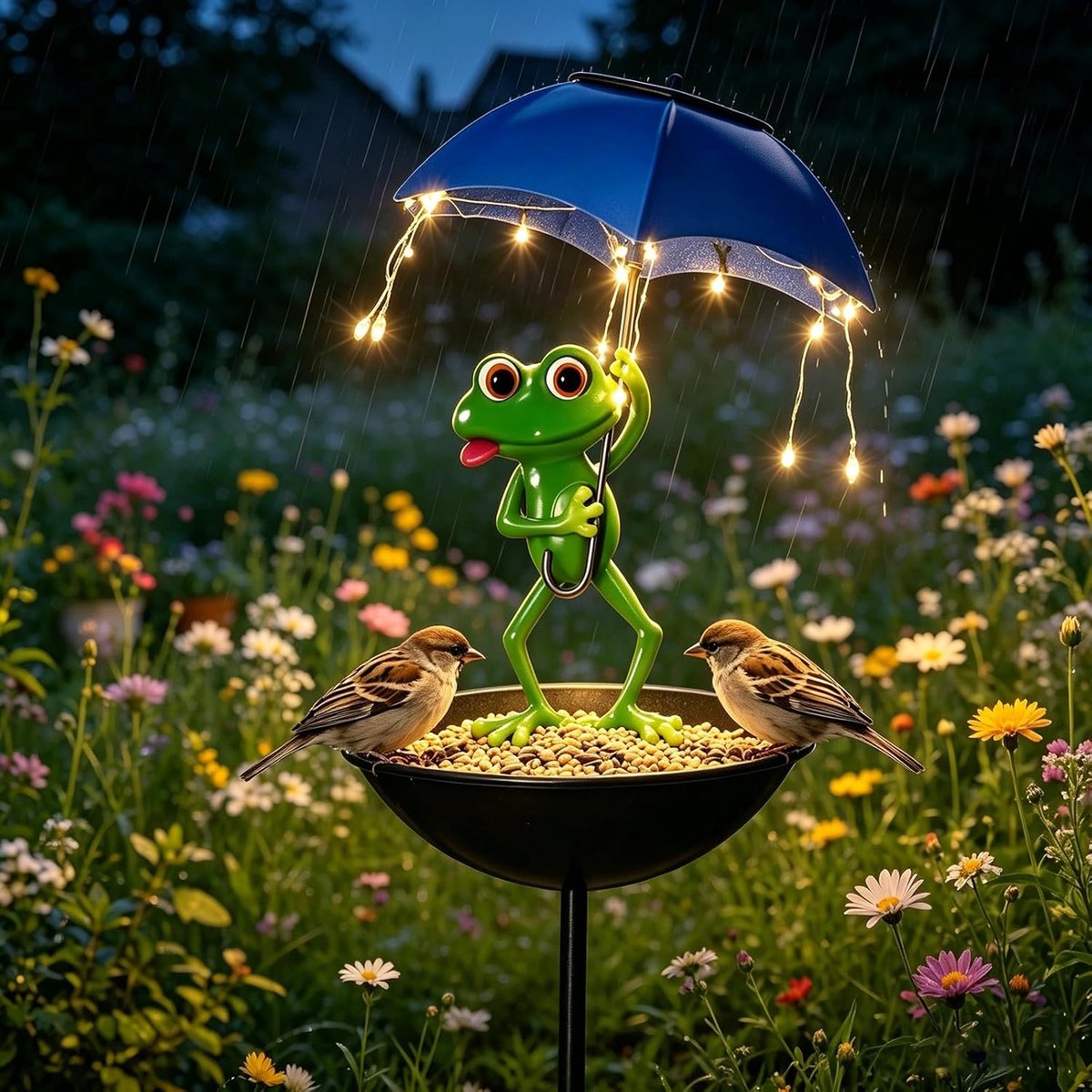 Kikkervoederstation op zonne-energie, standbeeld, licht, outdoor zonne-kikker tuindecoratie met paraplu voerschaal, staand, kolibrie, voederstation, decoratieve padverlichting voor tuin, terras, gazon