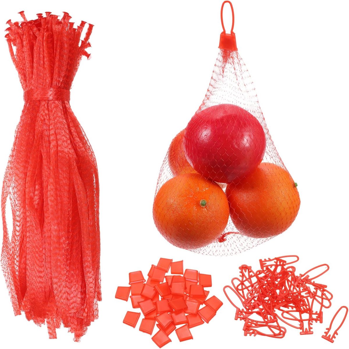Herbruikbare netzakken voor producten, 30 cm/12 inch wasbare opbergzakken van herbruikbaar kruideniersnet met kunststof gesp voor vers fruit, rood