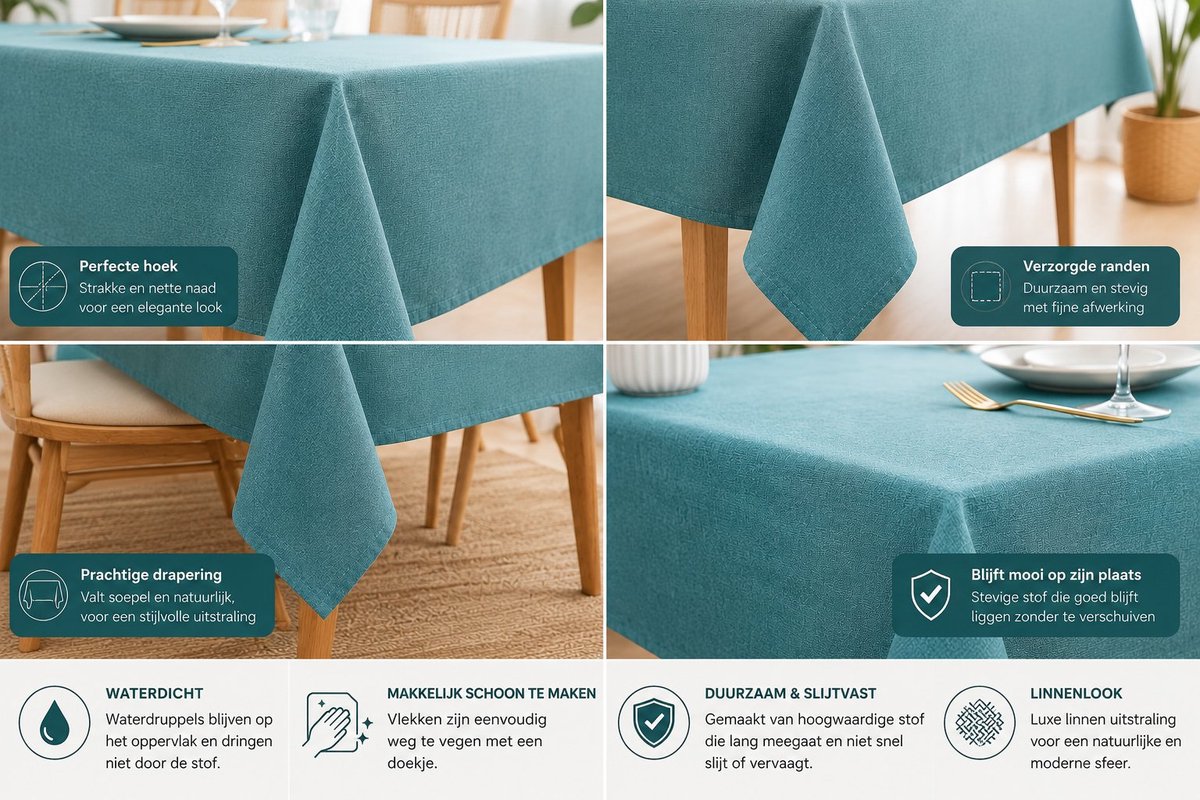 R&H® Tafelkleed met linnenlook, afwasbaar, waterafstotend, rechthoekig, 140 x 100 cm, blauwgroen