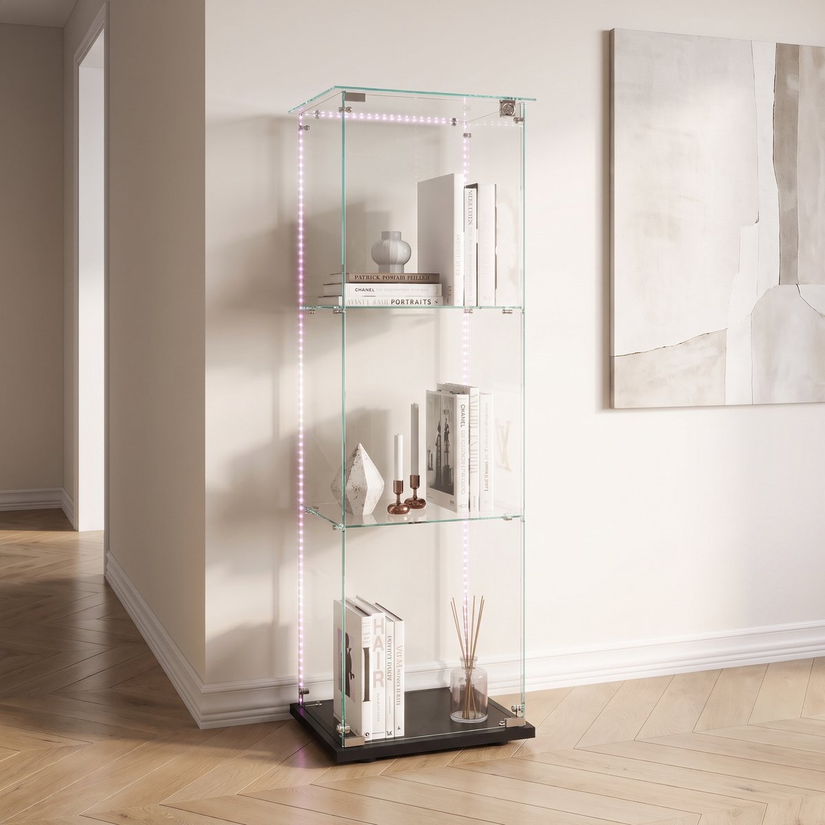 Glazen Vitrinekast, 3-Laags Verticaal Opbergmeubel voor Verzamelingen, Boeken, Wijn, Kantoor, Woonkamer, Keuken, 123,5x39,8x35cm, met Lichtstrip (Zwart)