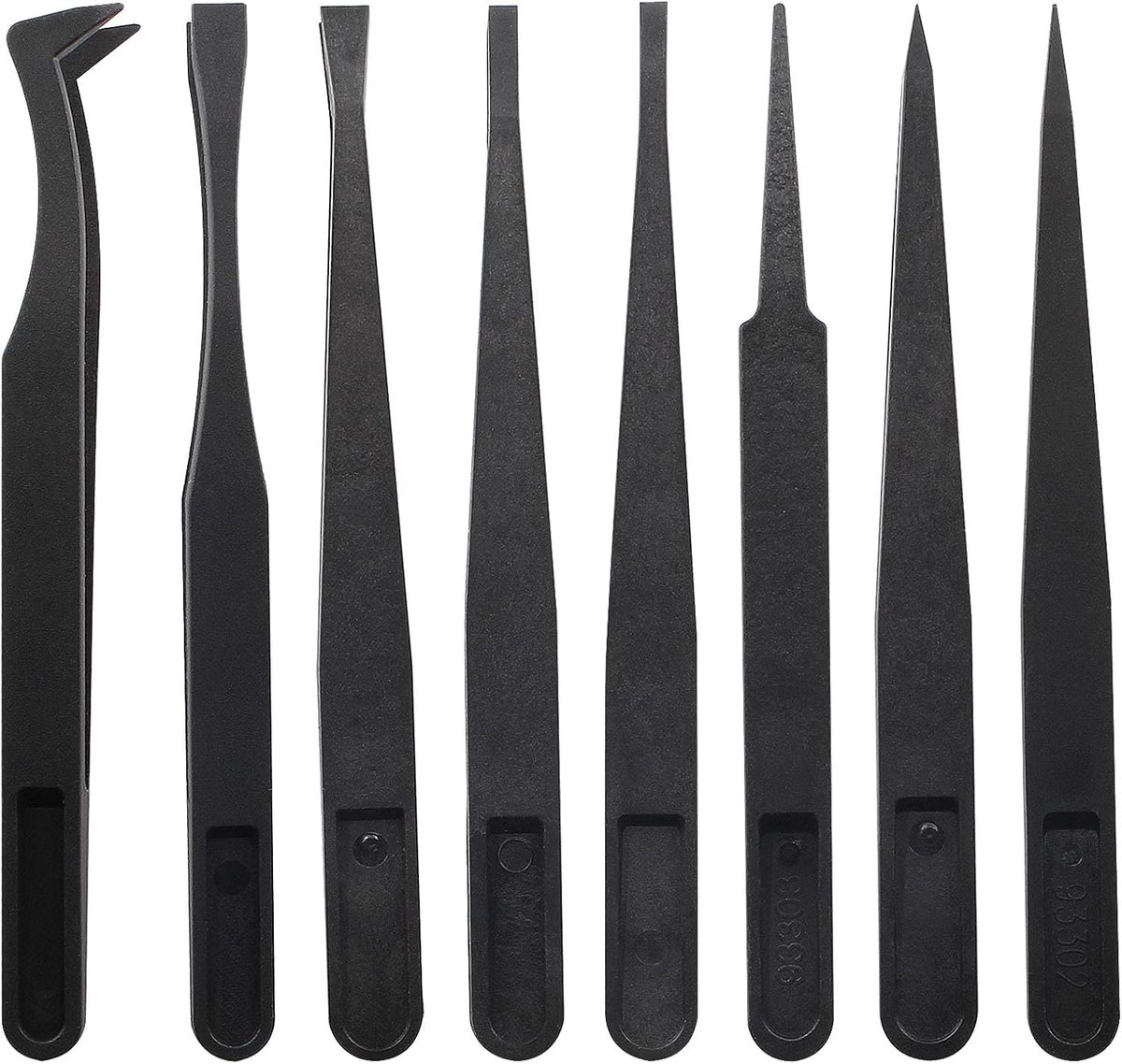 8 stuks jacket-plastic pincet-koolstofvezel-elastische grip gereedschap-meerdere specificaties-zwart