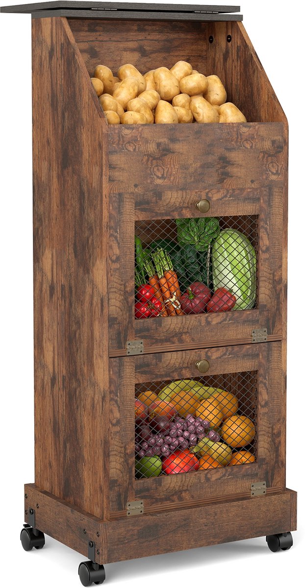 Puluomis - Aardappelkast - Groentekast - Voorraadkast keuken - Opbergkast met 3 niveaus - met gaasdeur - verplaatsbaar met wielen - Rustiek donkerbruin