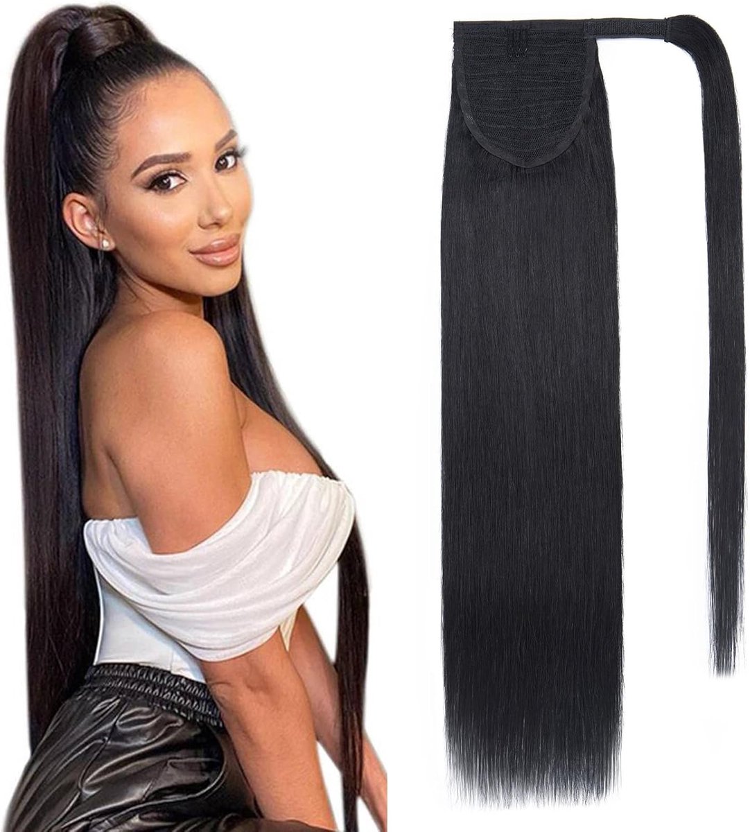 Natural Hair Ponytail Extension, 100% Echthaar Menselijk Extensions, Lange Rechte Wrap Around Extension, Donker Zwart Paardenstaarthaar voor Vrouwen, 45cm 90g #1