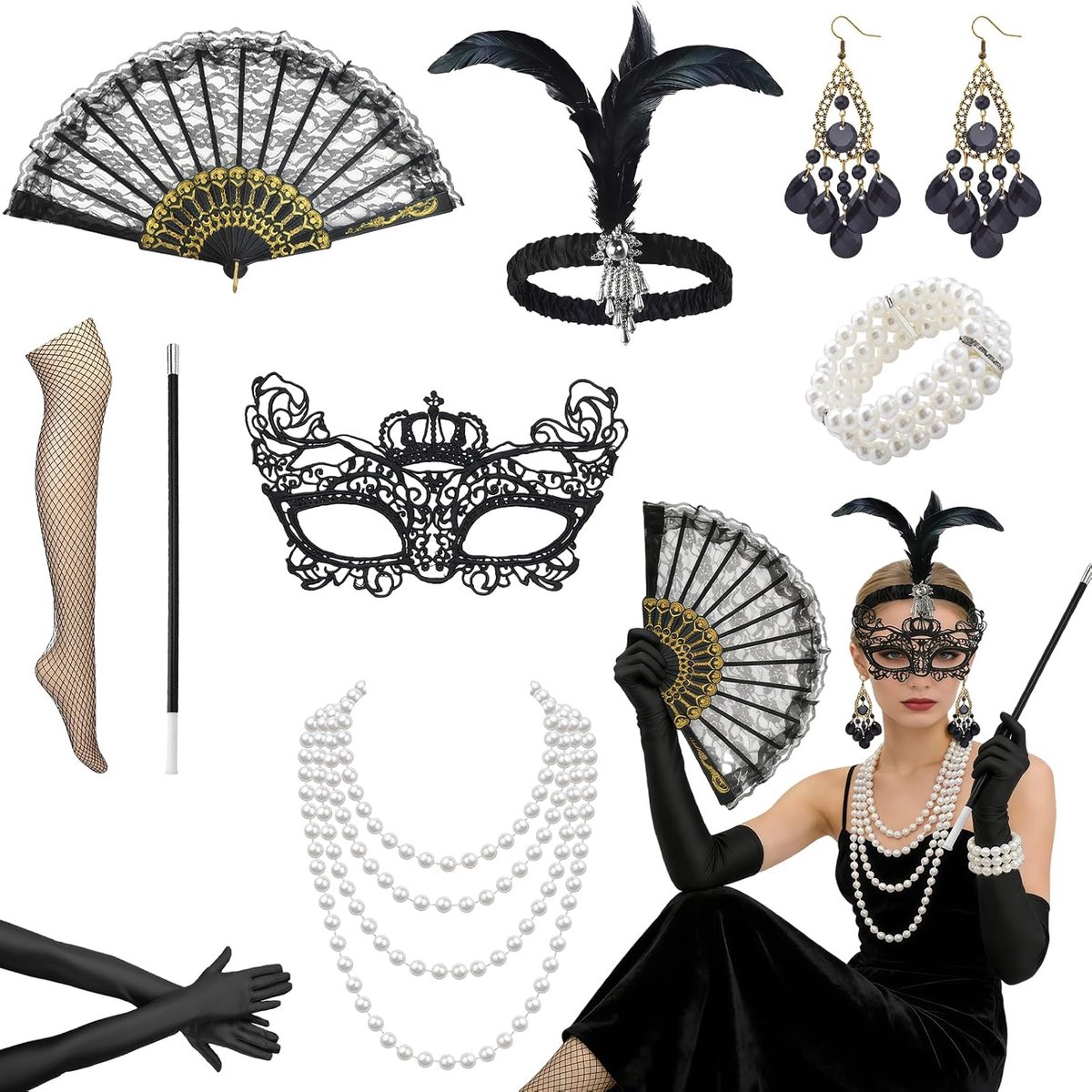 9 stuks jaren '20 flapper Great Gatsby accessoireset, brullende jaren 20-thema-set voor dames, met hoofdband, handschoenen, halsketting, oorbellen, masker, visnetkousen, kant, opvouwbare waaier