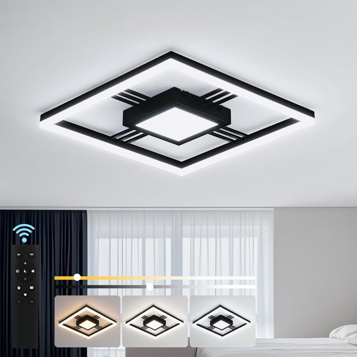 Angle Plafonnier Moderne Noir avec Télécommande - 40W, 4800 LM, Dimmable - Luminaire LED pour Salon et Chambre