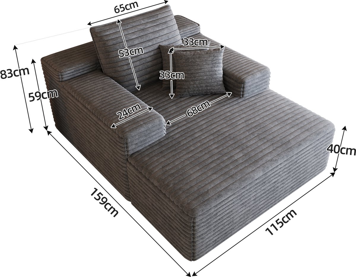 MIVRAY Chaise Longue 115 x 159 cm - Zonder Montage - Comfortabele Eenpersoons Ligstoel Voor Woonkamer En Slaapkamer - Ribstof - Donkergrijs