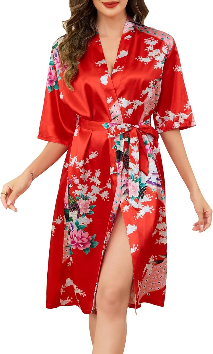 Satijnen ochtendjas voor dames, lange zijden kimono-gewaden met pauw en bloesems, bruidsgewaad voor bruiloft, feest, S-XXL