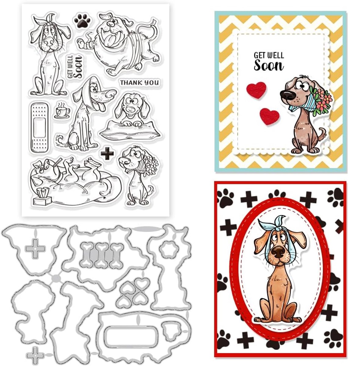Transparante stempels voor zieke honden en tekenfilms transparante stempels "Get Well Soon" en tekenfilm hondensnijsjablonen voor scrapbooking en productie