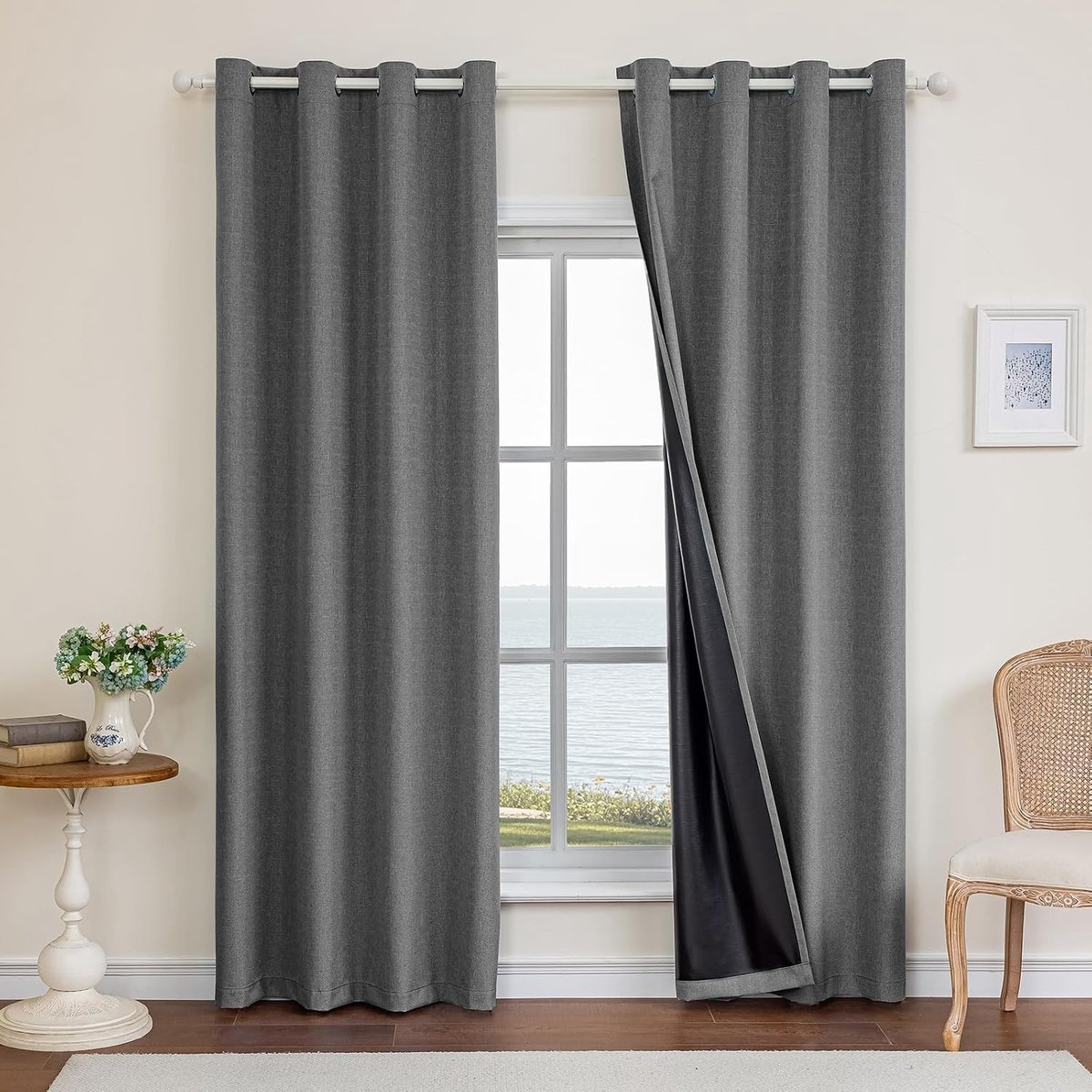 100% Verduisterend Linnen Effect Gordijnen Set Van 2, 140x245cm, Ondoorzichtig Warmte-Isolerende Thermische Gordijnen Met Ringen, Geluidsbescherming, Voor Slaapkamer Woonkamer, Donkergrijs