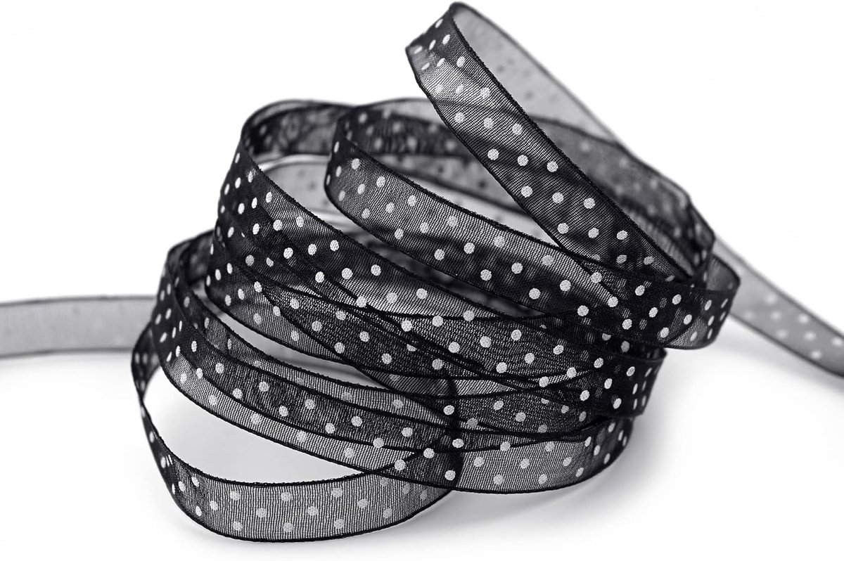 20 m x 10 mm, decoratieband, chiffon, stippen, zwart, met vormvaste randen, cadeaulint, lint, transparant, organza, bruiloft, verjaardag, chiffonband, Pasen, kinderen, stippen, gestippeld