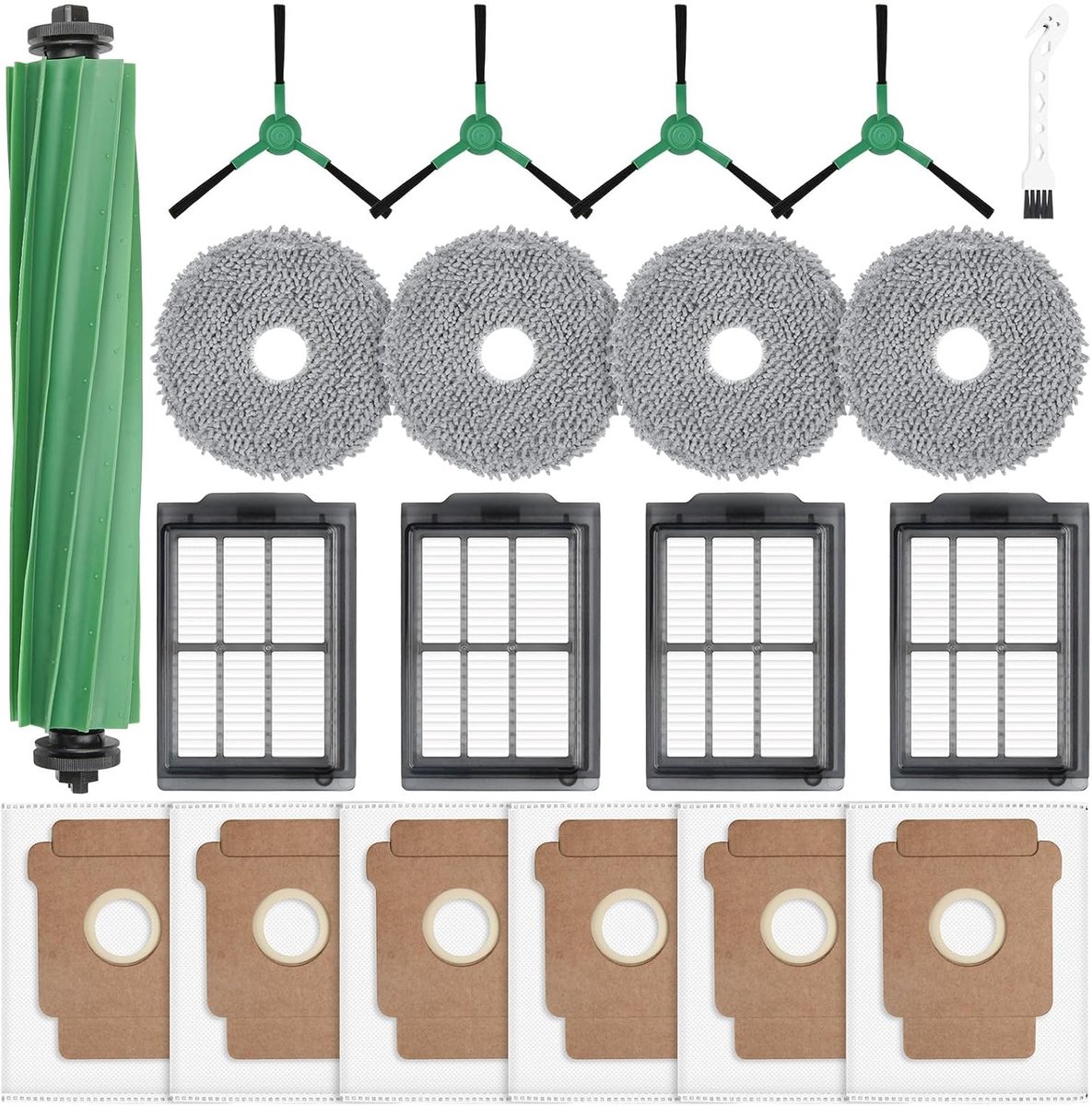 20 accessoires voor iRobot Roomba Plus 405/505 Combo robotstofzuiger | 6 stofzuigerzakken, 4 zijborstels, 4 doekjes, 4 filters, 1 hoofdborstel, 1 reinigingsborstel