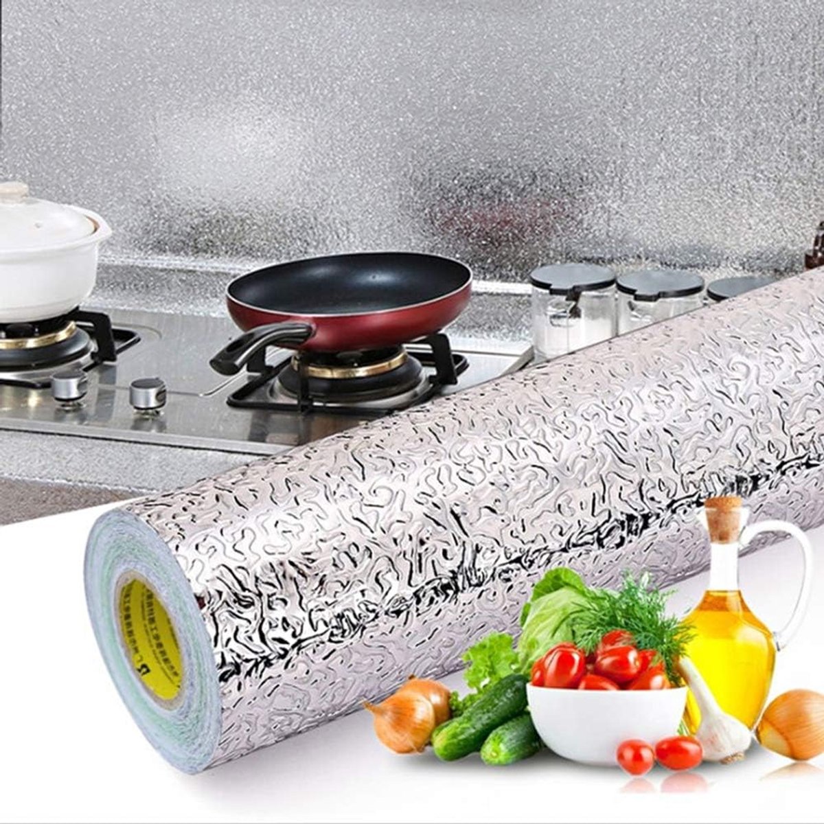 Zelfklevende meubels folie keuken zelfklevende aluminiumfolie hittebestendige folie voor keuken achterwand keukentegels spatbescherming tegels keukenkasten wasbaar 40CMX2M