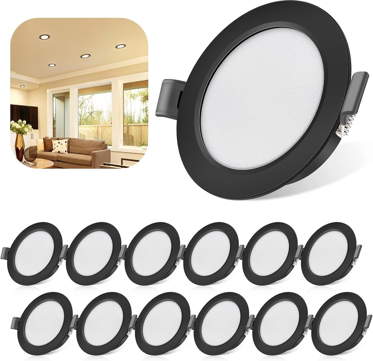 Led-inbouwspot, 5 W, 450 lm, badkamerspot, IP44, 230 V, 12 stuks, warm wit, 3000 K, 25 mm, gat 68-80 mm, zwart, plat, rond, plafondspots voor badkamer, keuken, woonkamer, hal