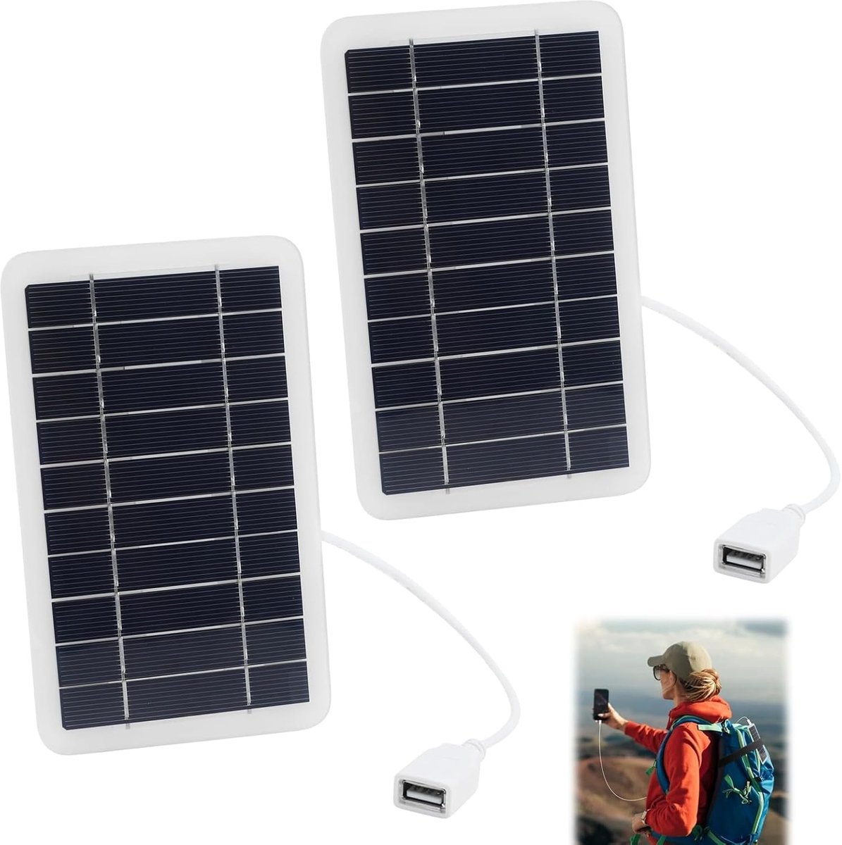 2 stuks draagbare zonnepanelen 2 W 12 V met USB-poort – oplader op zonne-energie voor wandelen, kamperen en buitenactiviteiten, waterdicht IP65, frame van duurzame epoxyplaat, USB-kabel inbegrepen