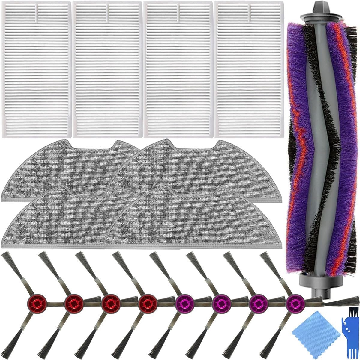 17 Pack Replacement Parts for Eureka E10s Robot Vacuum Cleaner 1 x Main Brush 8 x Side Brushes 4 x Mop Cloths 4 x Hepa Filters Attachment Rubber Brush Microfiber Wipe Accessories Kit