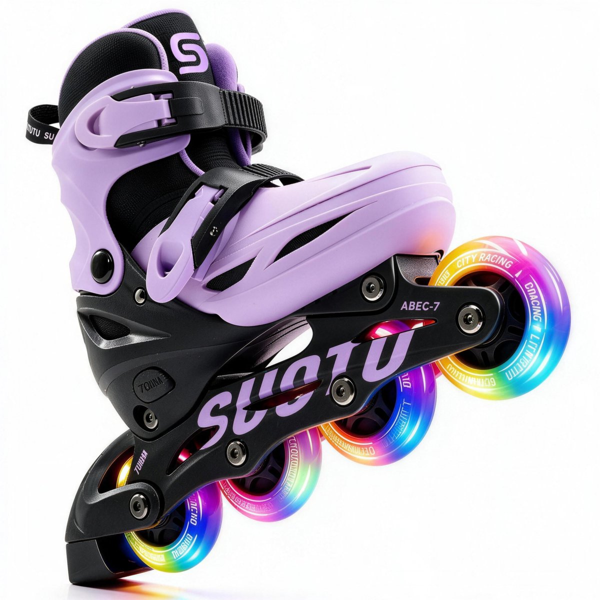 Suotu Skeelers - Inlineskates Verstelbaar - Lijn: S78 - Skeelers meisjes en jongens - Maat: EUR 32-36 - lichtgevende wielen - Paars/Zwart - M