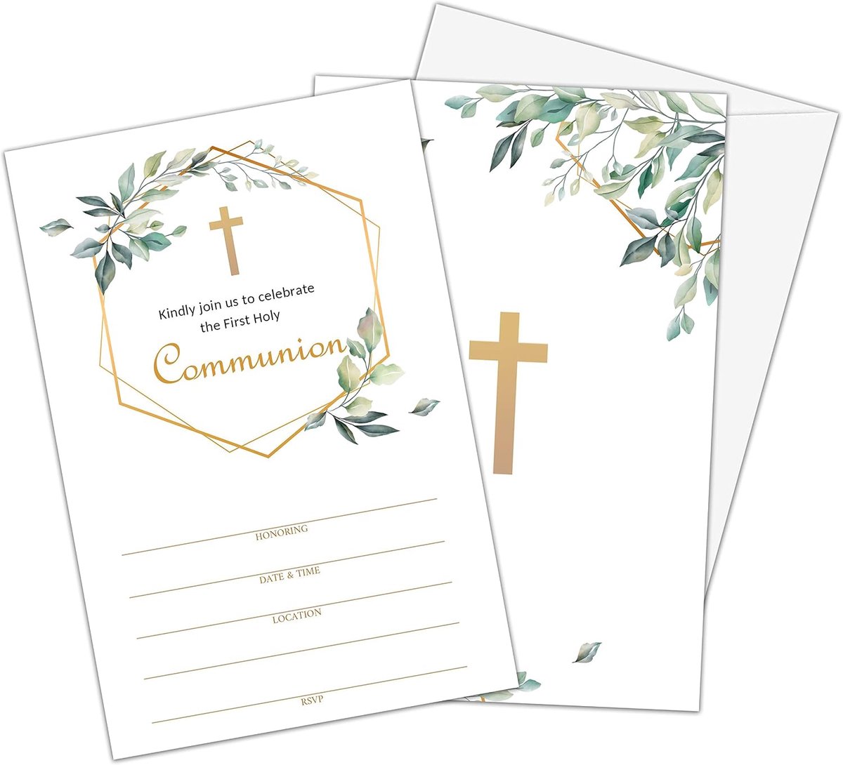 Uitnodigingen voor de Eerste Heilige Communie Groen Jongen of Meisje - Bevestigingsuitnodigingen - Sacrament van de Doop - Sacramenten van de Katholieke Kerk - 25 Uitnodigingskaarten met 25