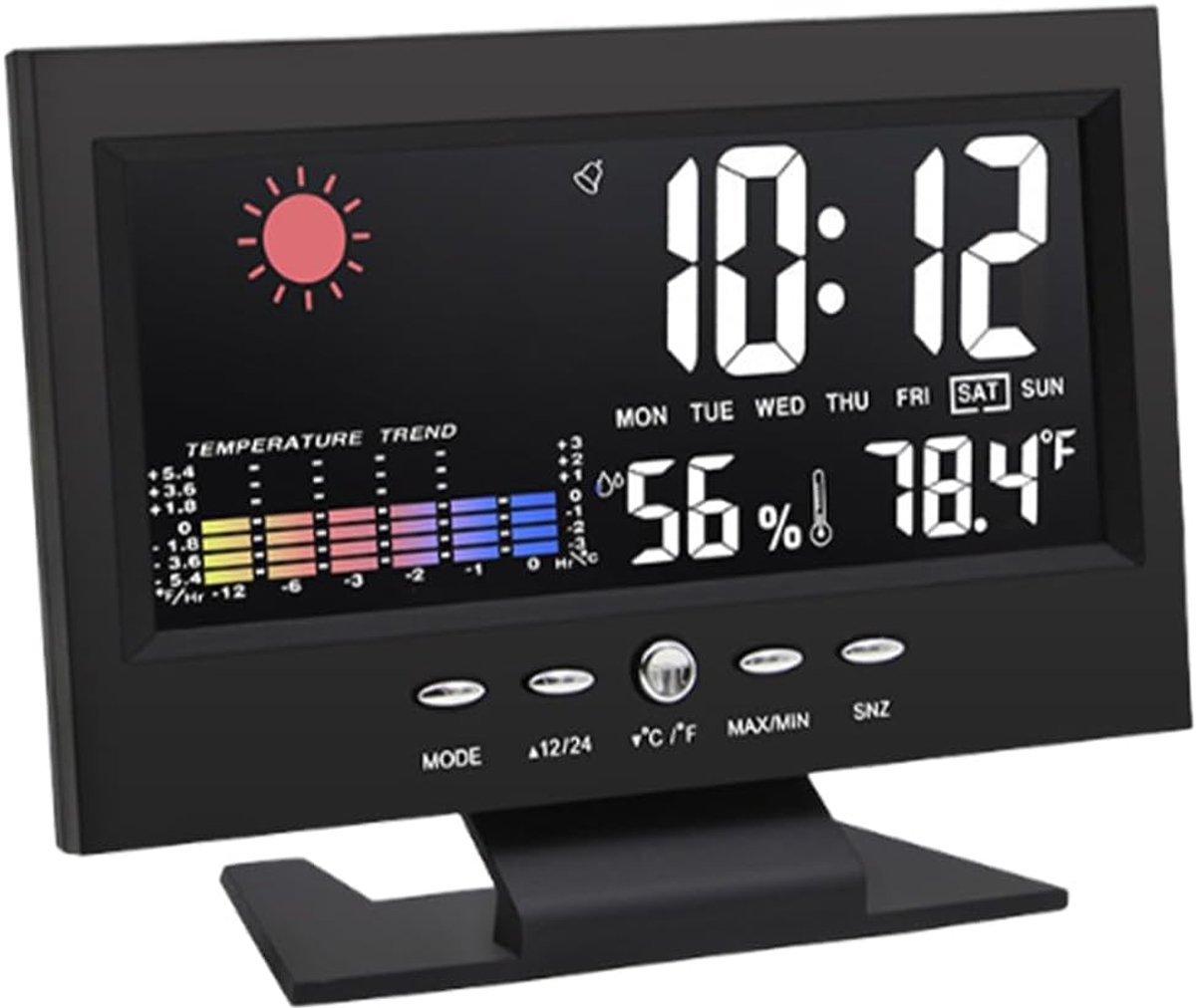 Wekker, multifunctionele elektronische klok, groot display, woonkamerklok met temperatuur- en vochtigheidsweergave, datumweergave, ideaal voor thuis, slaapkamer, kantoor
