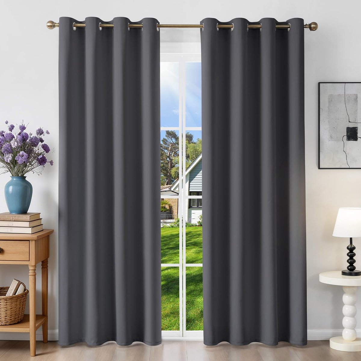 Verduisteringsgordijn, isolerend, tegen kou, 120 x 230 cm (b x h), 2 stuks, ondoorzichtig, donkergrijs, met oogjes, hittebescherming, uv-bescherming, lawaai, voor binnen, decoratie
