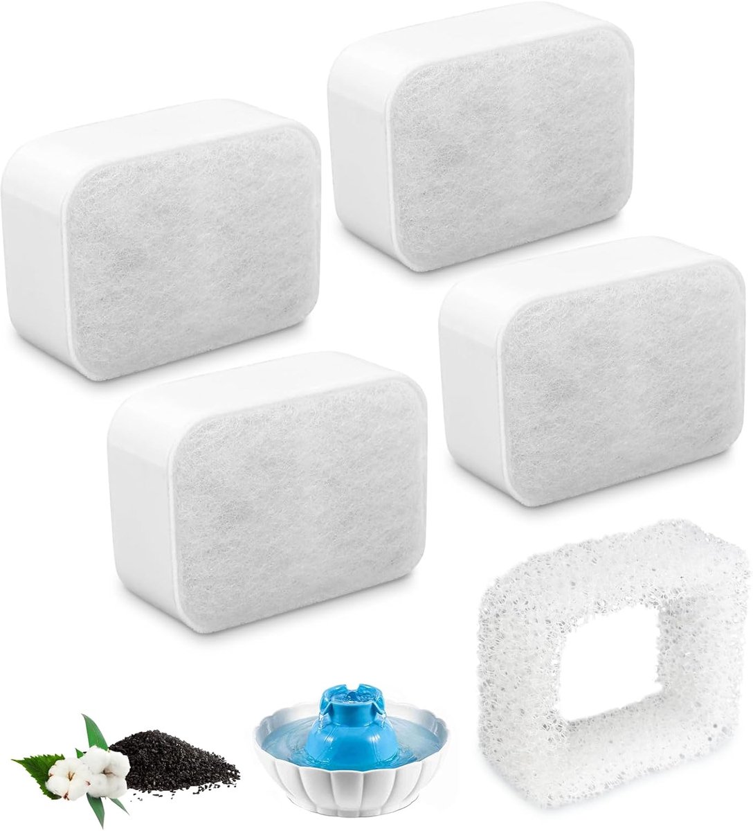 Drinkfonteinfilter, 1 stuk schuimfilter + 4 stuks premium katoen | Koolstoffilter voor drinkfontein huisdier, actieve koolfilter, schone kat en honden, fontein, Oasis Aura, waterdispenser