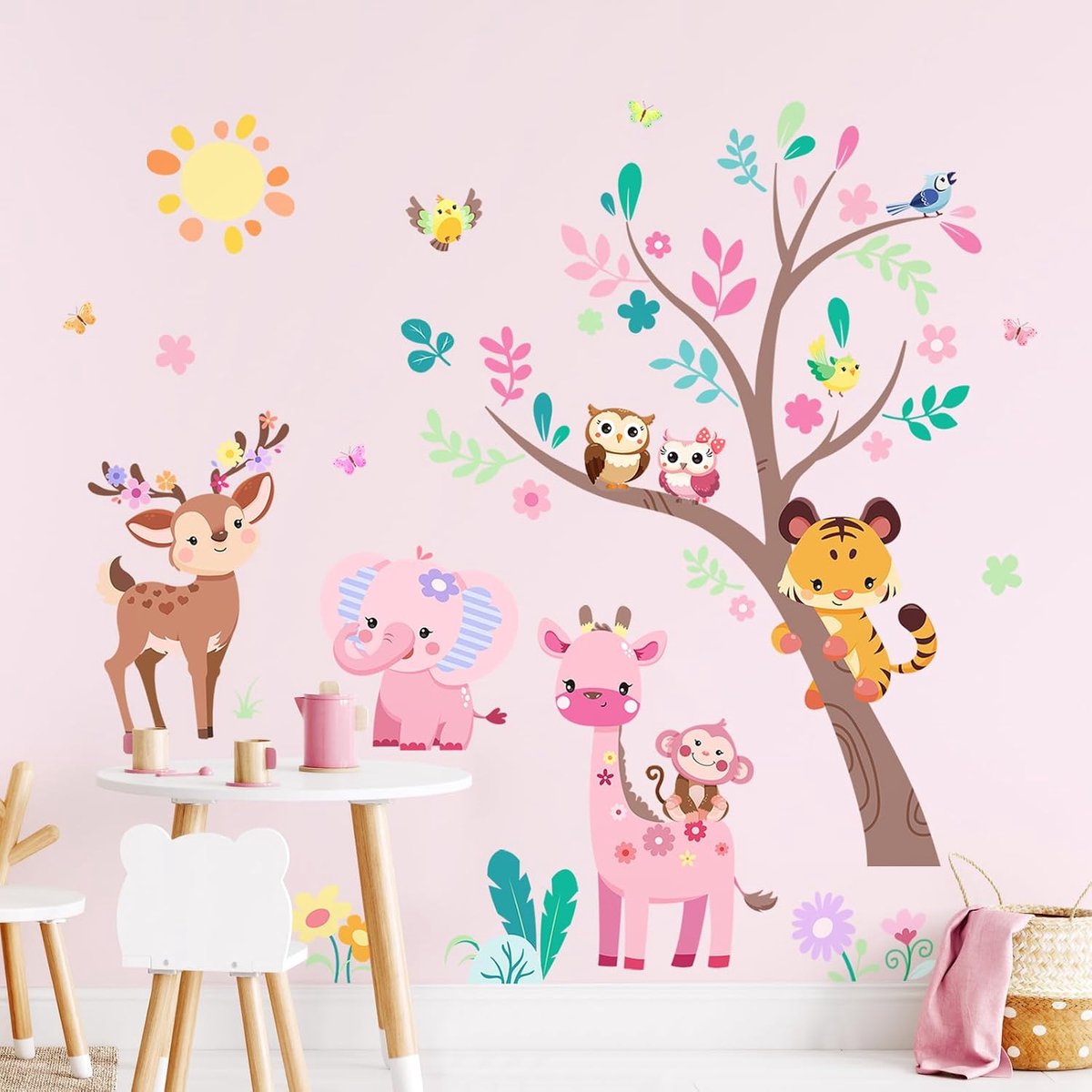 Muurstickers Roze Olifant Giraf Muurstickers | voor Kids Meisjes Slaapkamer Woonkamer Baby Nursery Muur Decor