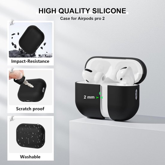 Hoes Compatibel met Airpods Pro 2 Generation hoes 2022, Ultra-Thin, siliconen stootvaste zachte beschermhoes voor Airpods Pro 2, LED vooraan zichtbaar (zwart) — afbeelding 2