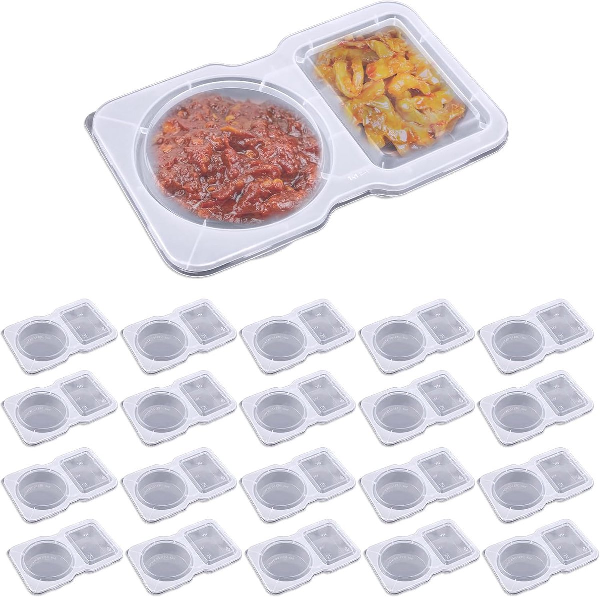 20 St Dubbele Kruidencontainers, Vierkant en Rond Kruidencontainers met Deksels Snackcontainers met 2 Compartimenten Dubbele Sauscontainers voor Kamperen Reizen, Gemakkelijk Schoon te Maken