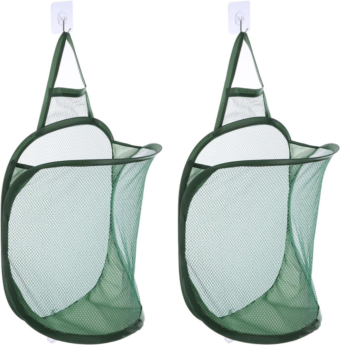 2 stuks hangende waszak, opvouwbare mesh-wasmand met haken voor het opbergen van vuile kleding thuis, campinguitstapjes, hotelgebruik, donkergroen