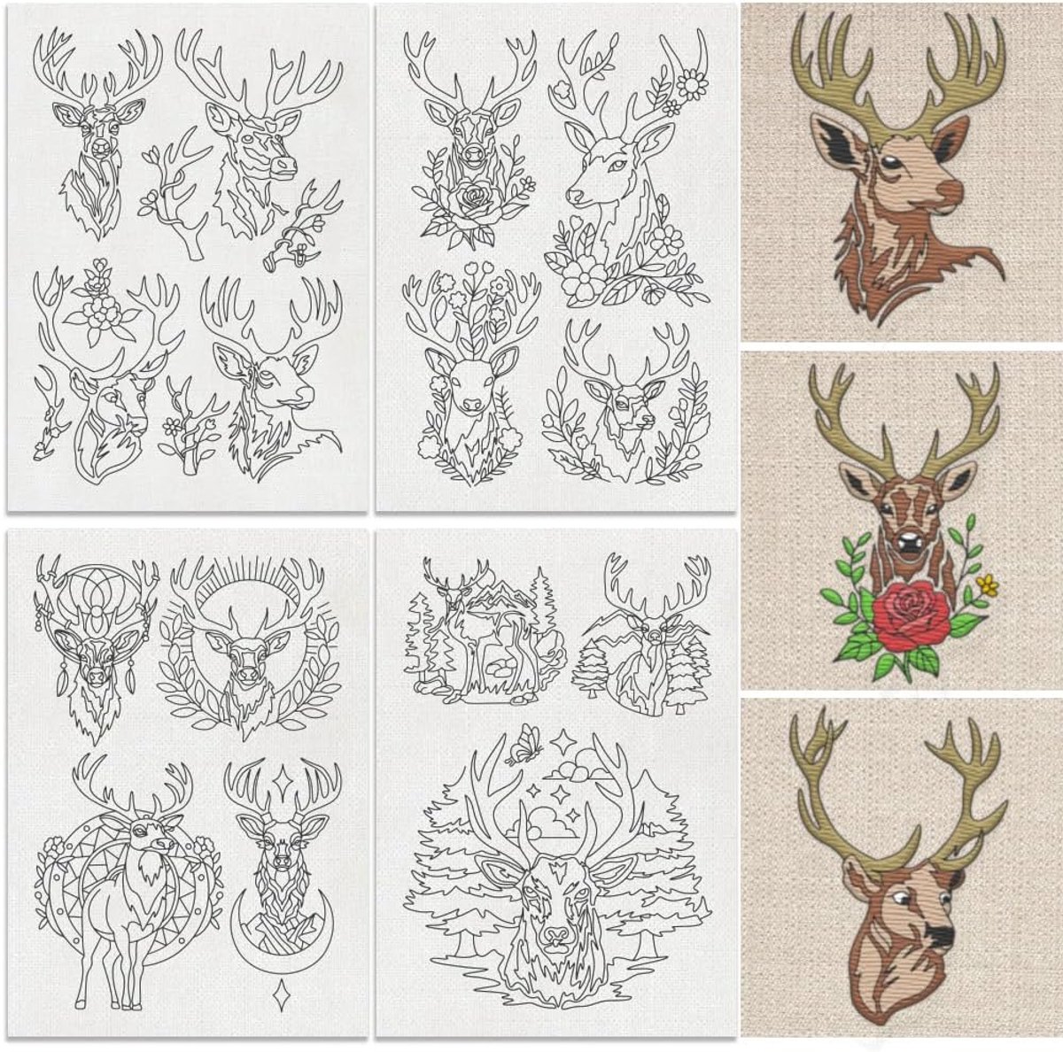 20 stuks herten hoofd wateroplosbare hand naaien stabilisatoren, 21 x 29,7 cm dier borduurwerk patroon stabilisator, 4 vellen herten bloemen wijnstok stok en steek borduurwerk papier sticker