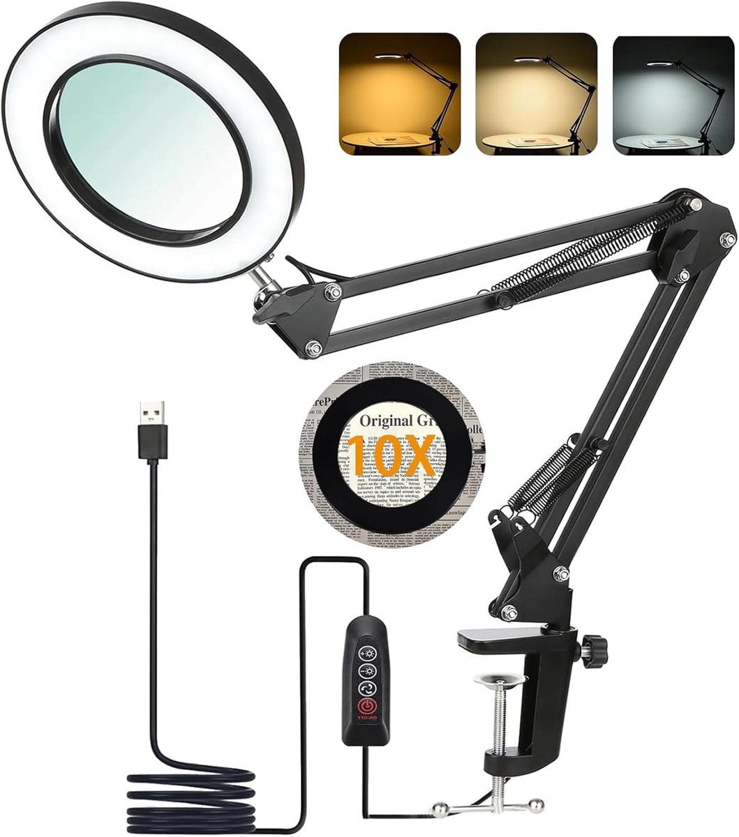 10 x led-loeplamp met klem en voet, vergrotingslamp met 72 leds, 3 kleurmodi, 10 helderheidsniveaus, dimbaar, flexibele zwenkarm voor lezen, naaien, sieraden, reparatie, zwart