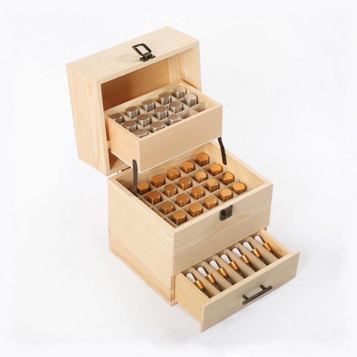 Olie opbergdoos houten etherische oliën display organizer standhouder voor 15 ml flessen nagellak collectie. (59 sleuven)