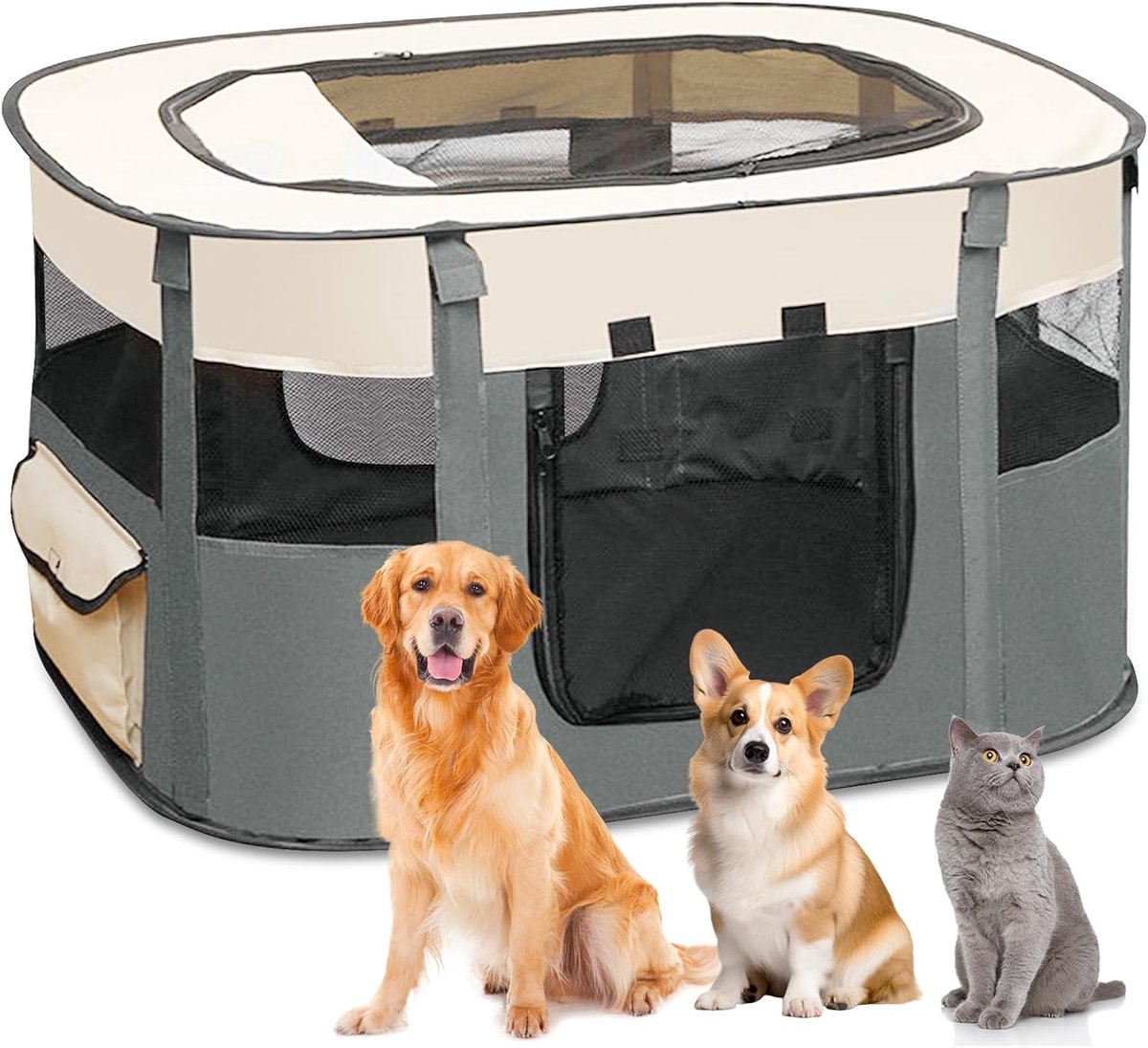 Hondenomheining, puppyren voor puppys, draagbare box, kittenren, konijnen, M (grijs)