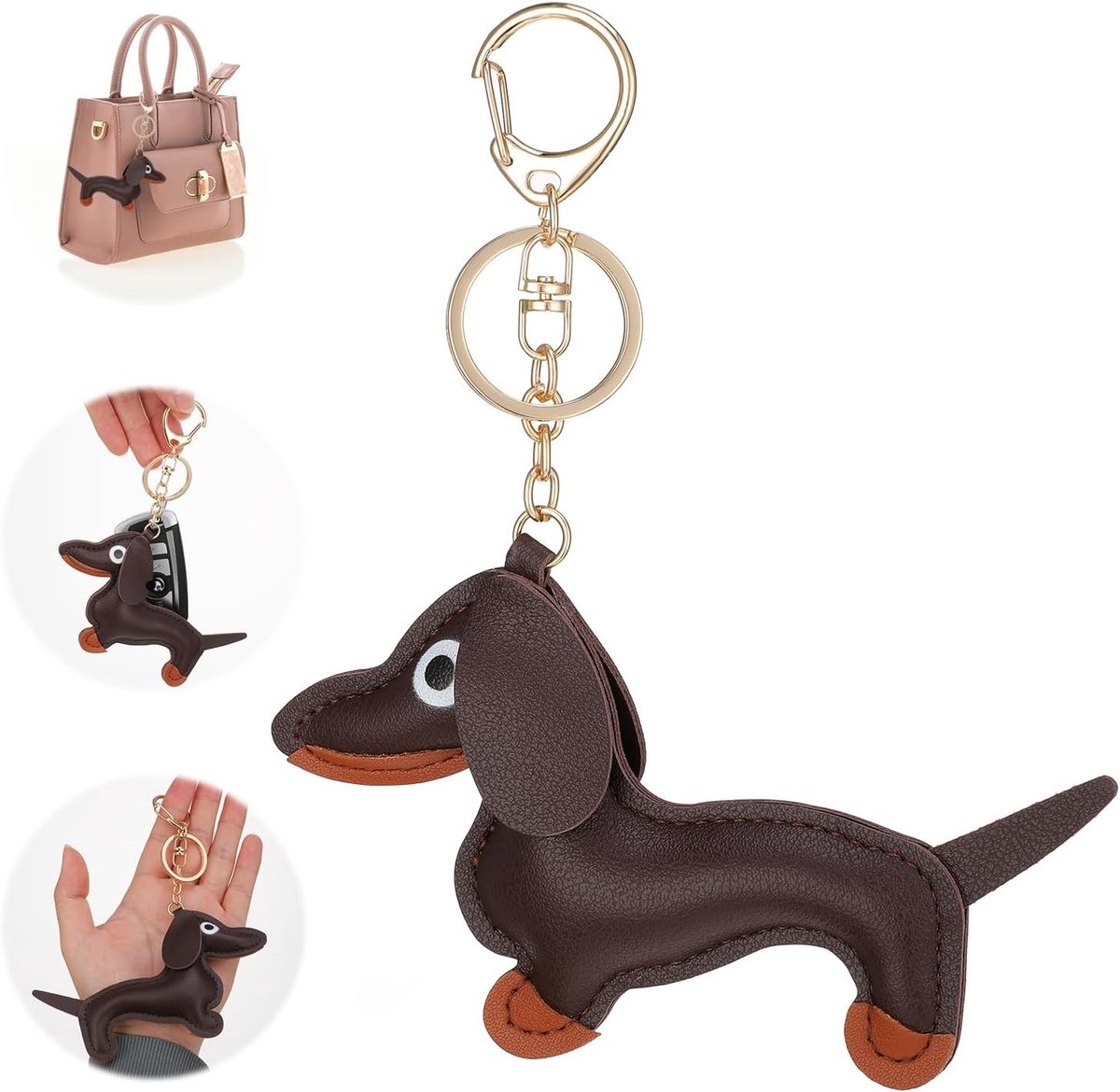Sleutelhanger, PU hondenhanger voor tas, schattige puppy, geluksbrenger, cadeau voor vrouwen, mannen en kinderen, bruin, verjaardag sleutelhanger