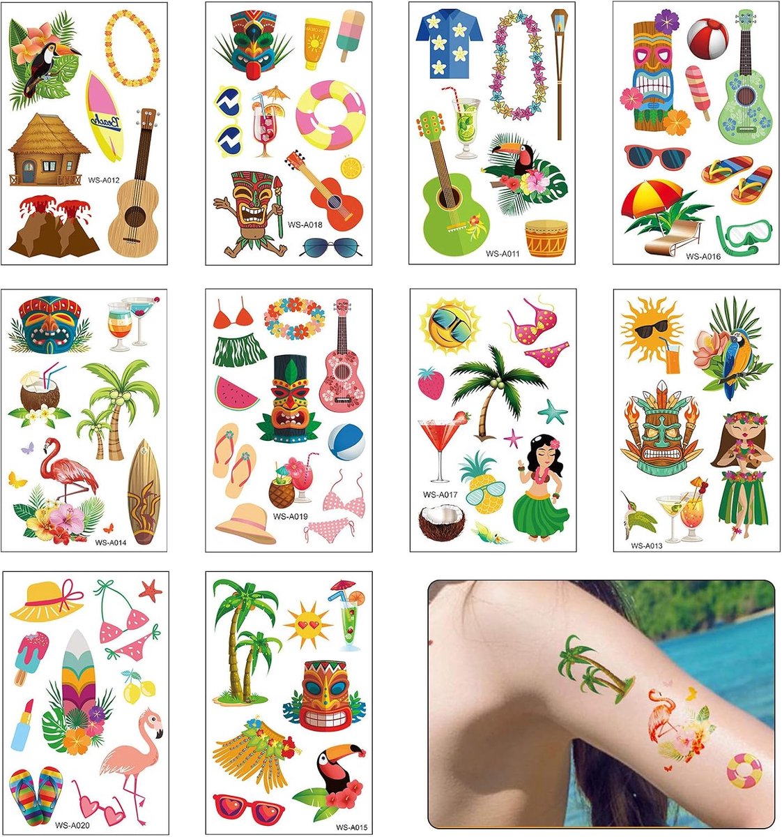 Tijdelijke tatoeagestickers, Hawaiiaanse waterdichte Aloha tropische stickers, transfertatoeages voor zomer, strand, zwembad, party, kinderen en vrouwen