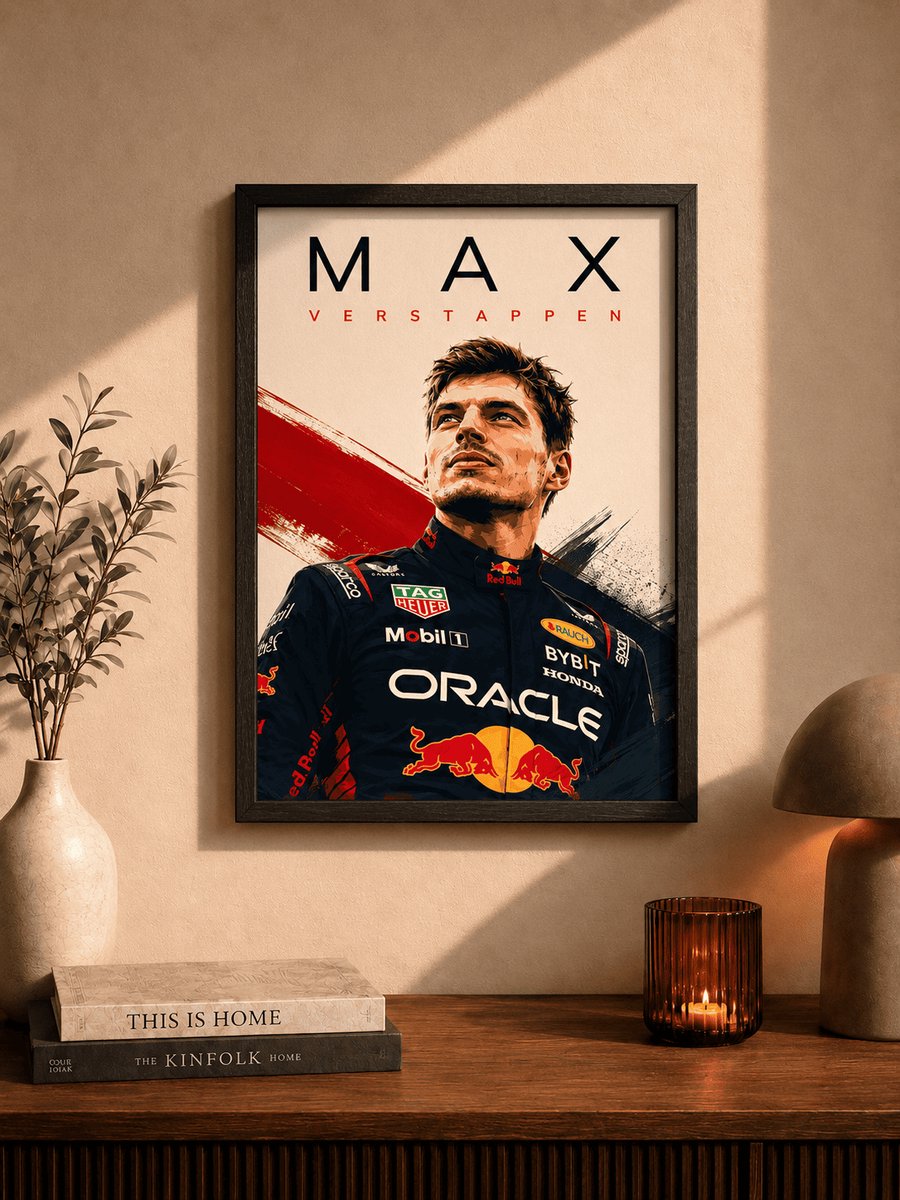 Max Verstappen Art Poster | Formule 1 Kampioen | Inclusief Zwarte A3 Lijst